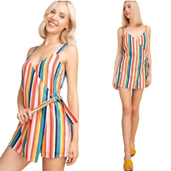 Le Lis Linen Rainbow Striped Colorful Short Wrap Romper Size S Tank - Picture 1 of 9